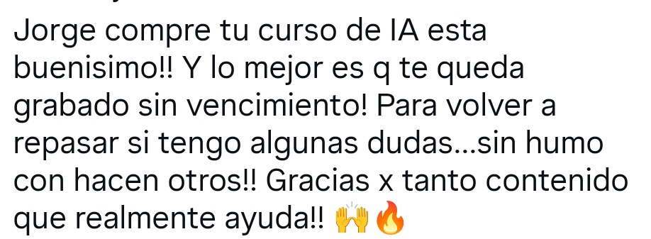 Captura real de comentario positivo sobre el curso IA