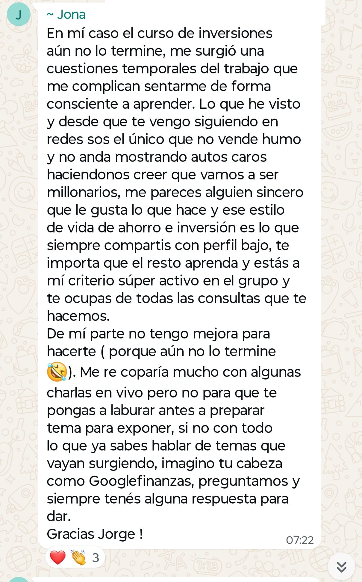 Captura real de mensaje destacando claridad del Taller IA